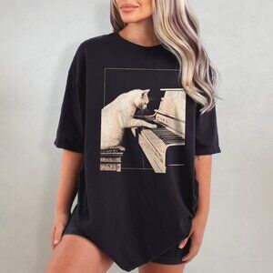 Funny Cat Playing Piano T-Shirt, Music Lover Cat Pianist Graphic Tee